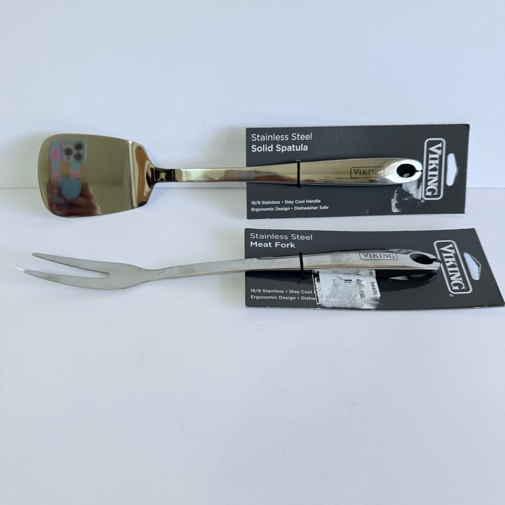 Viking Stainless Steel 2-Pc Kitchen Tool Set Solid Spatula & Meat Fork NWT
